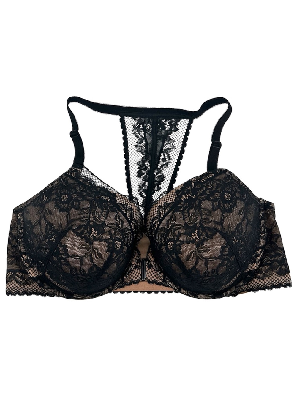 Torrid Nude Black Mesh and Lace Overlay Front Hook Lightly Lined T-Shirt Bra